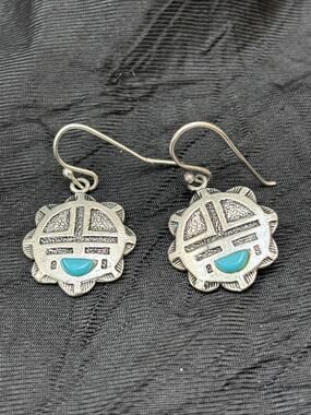 J Ritter Dangle Earrings Southwestern Native American Pewter Faux Turquoise 1.5